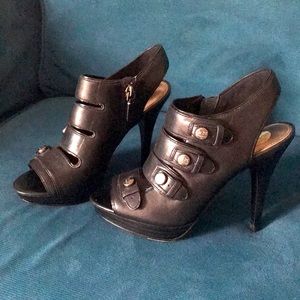 Coach Brandie Ankle Peep Toe Black Buttons Heels